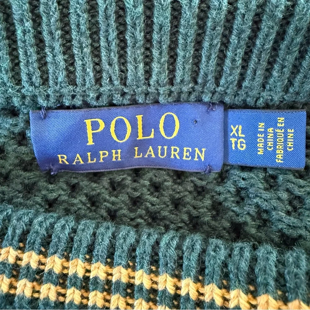 Polo Ralph Lauren Logo Aran Jumper Cotton Striped Sweater Men’s XL Quiet Luxury